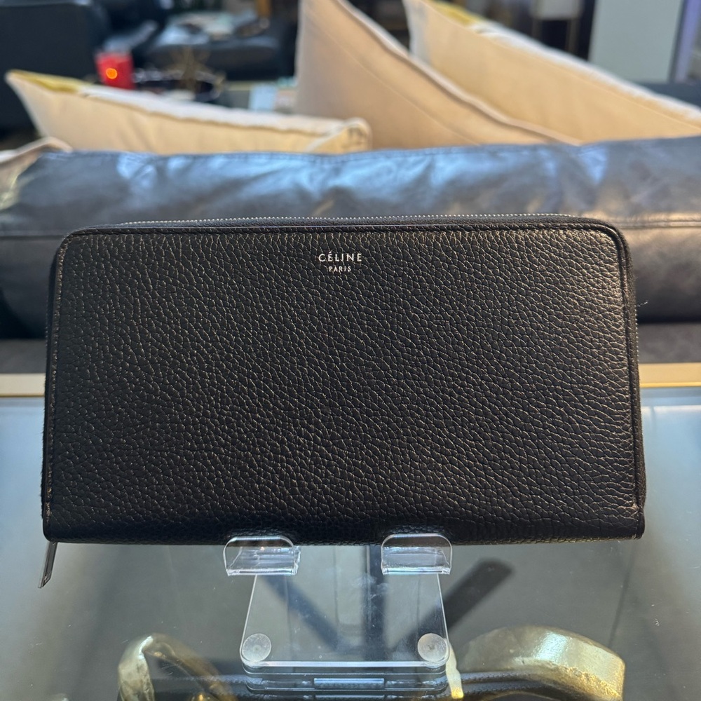 Celine Black Pebbled Leather Zip Wallet
